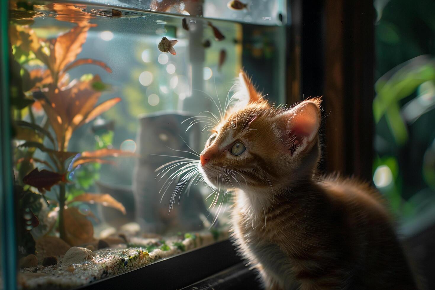 Tabby Kitten Investigating an Open Fish Tank background photo