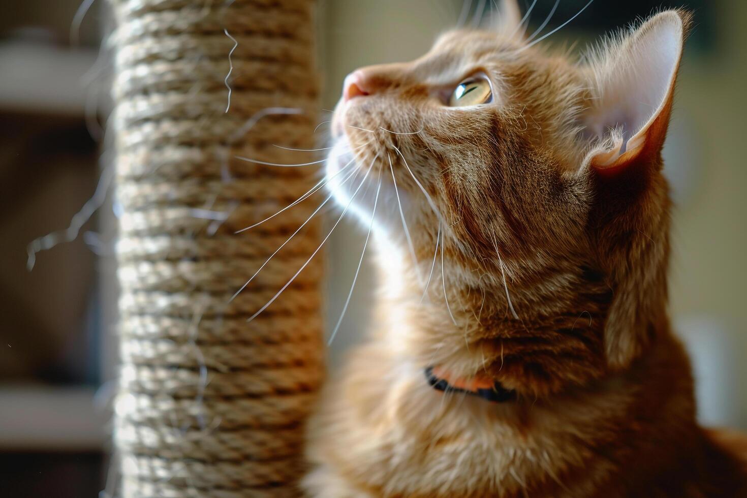 Tabby Cat Enthusiastically Investigating a New Scratching Post in a  and Playful photo