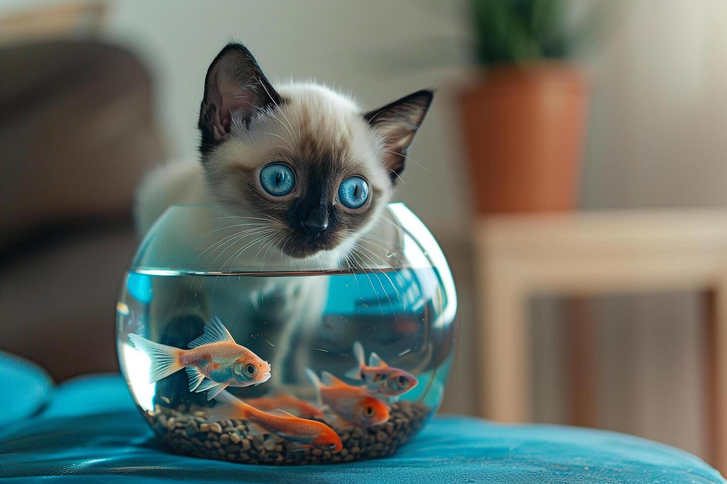 Siamese Kitten Curiously Peeking into a Fishbowl Filled with Swimming Fish in a Cozy and Engaging photo
