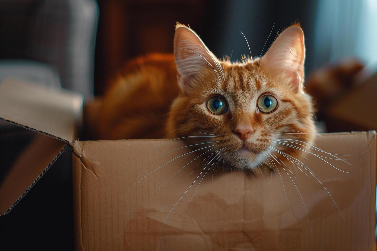 Tabby Cat Exploring a Cardboard Box with Intrigue and Curiosity in a Dynamic and Interactive Environment photo