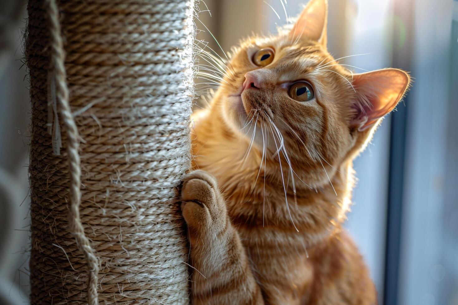 Tabby Cat Examining a New Scratching Post with Enthusiastic Curiosity in a Fun and Interactive photo