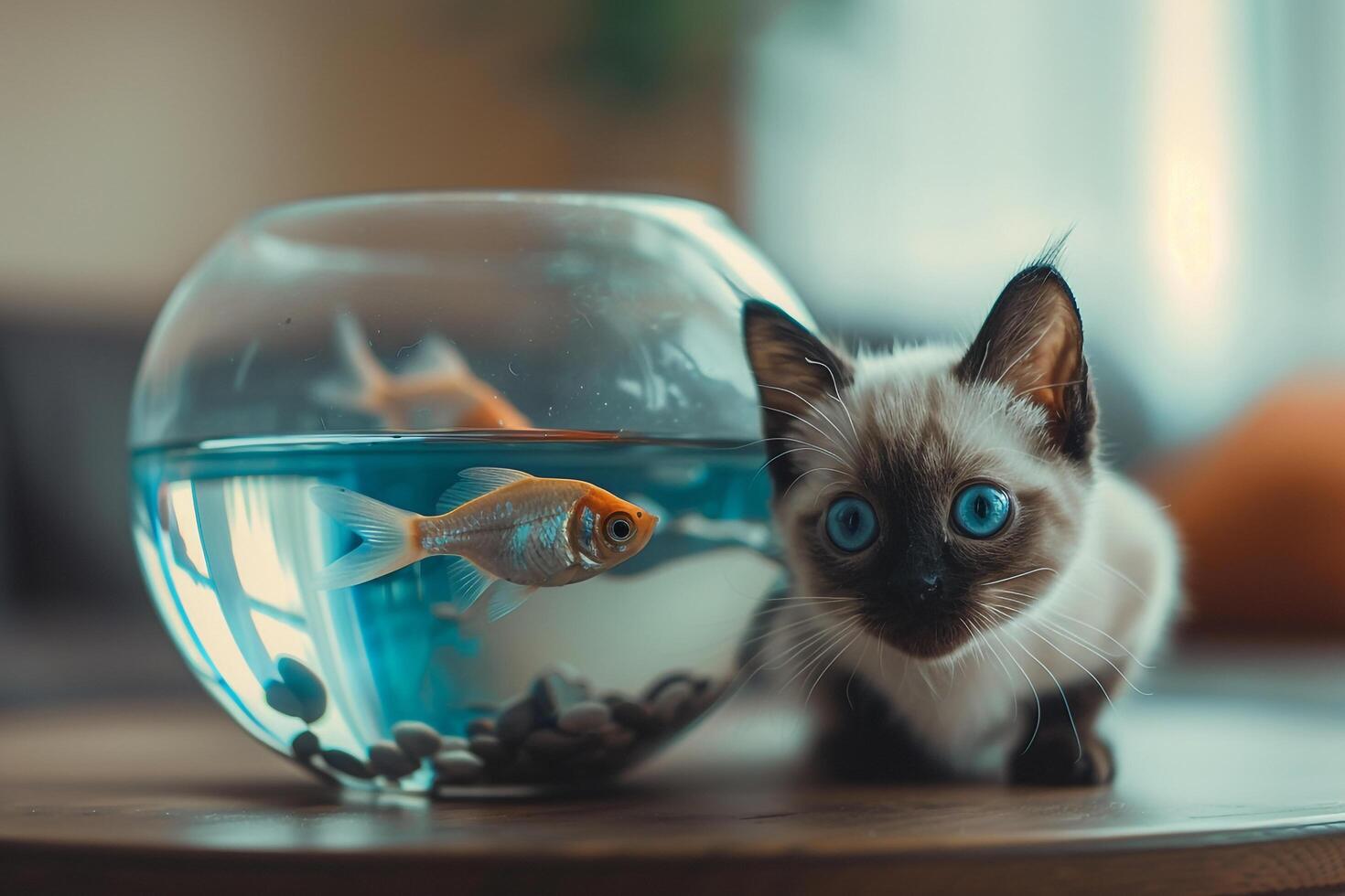 Siamese Kitten Fascinated by a Fishbowl with Swimming Fish in a Warm and Inviting Background photo