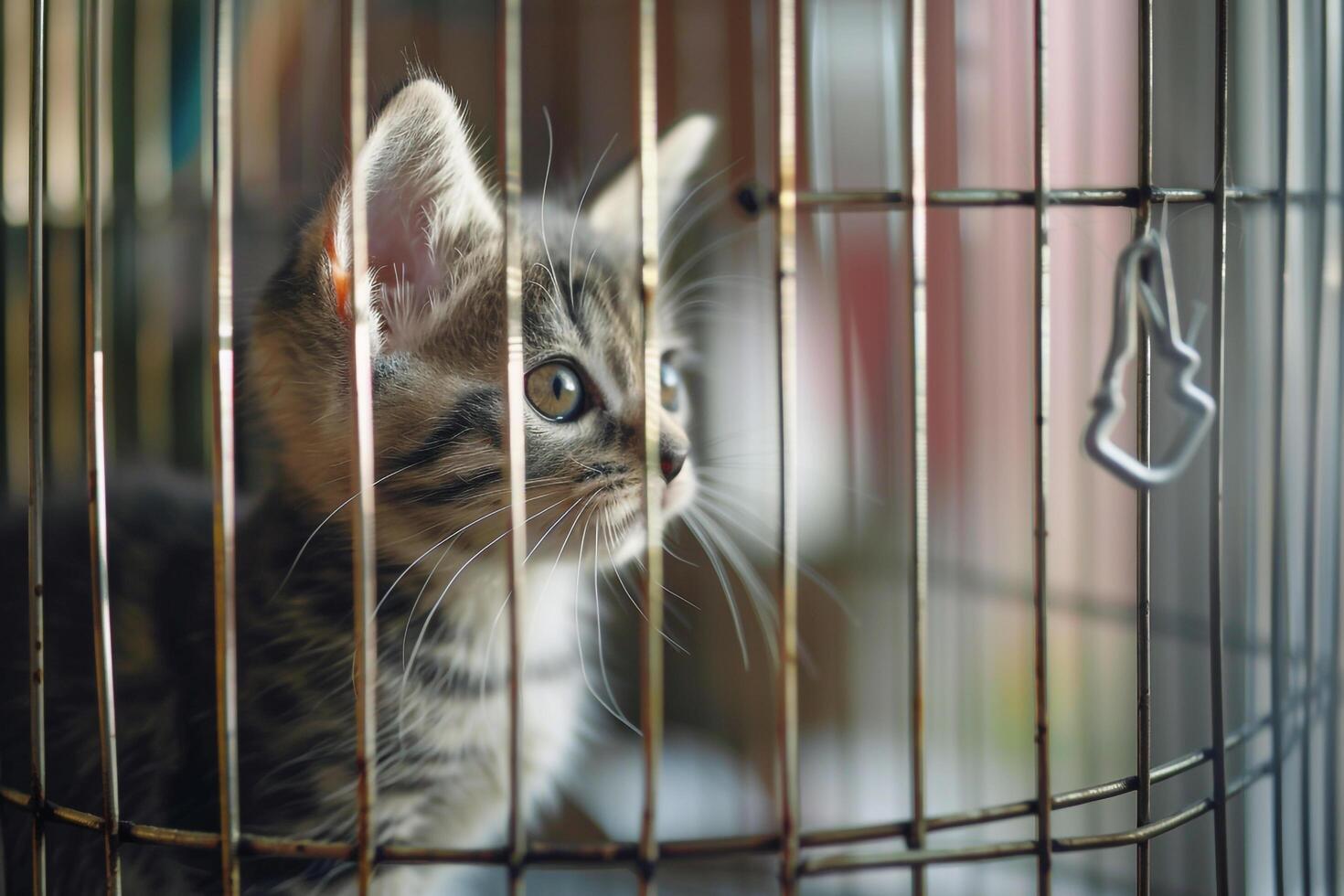 Gray and White Kitten Peeking into an Open Birdcage with Fascination and Curiosity in a photo