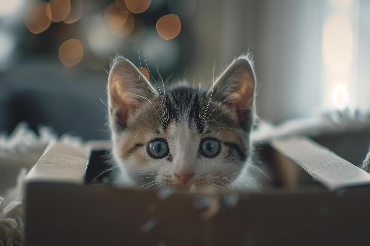White and Brown Kitten Investigating a Gift Box with Enthusiasm and Curiosity in a Festive and Playful photo