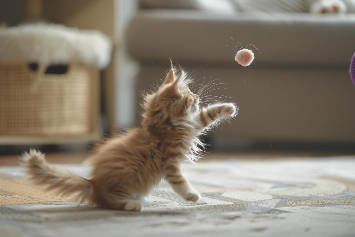Maine Coon Kitten Playfully Batting at a Toy Mouse with Fluffy Tail Raised in a  and Fun Background photo