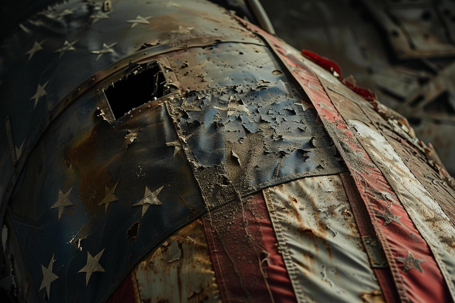 Worn American Flag Draped Over Vintage Aircraft photo