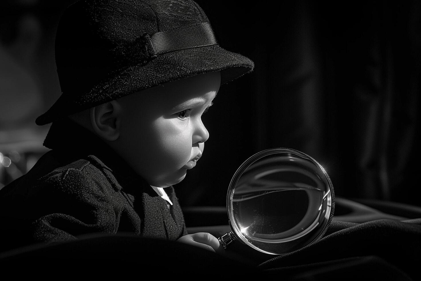 Baby in Noir Detective Outfit with Magnifying Glass Adorable and Vintage Costume Look photo