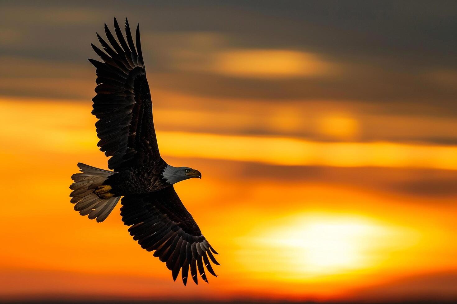 Silhouette of American Bald Eagle Flying Against Sunset Sky with American Flag Background photo