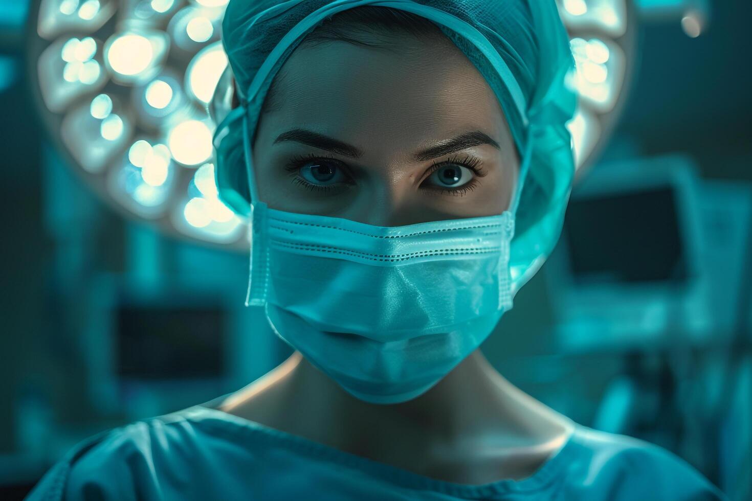 Female Surgeon in Scrubs and Mask Operating Room Background with Medical Equipment photo