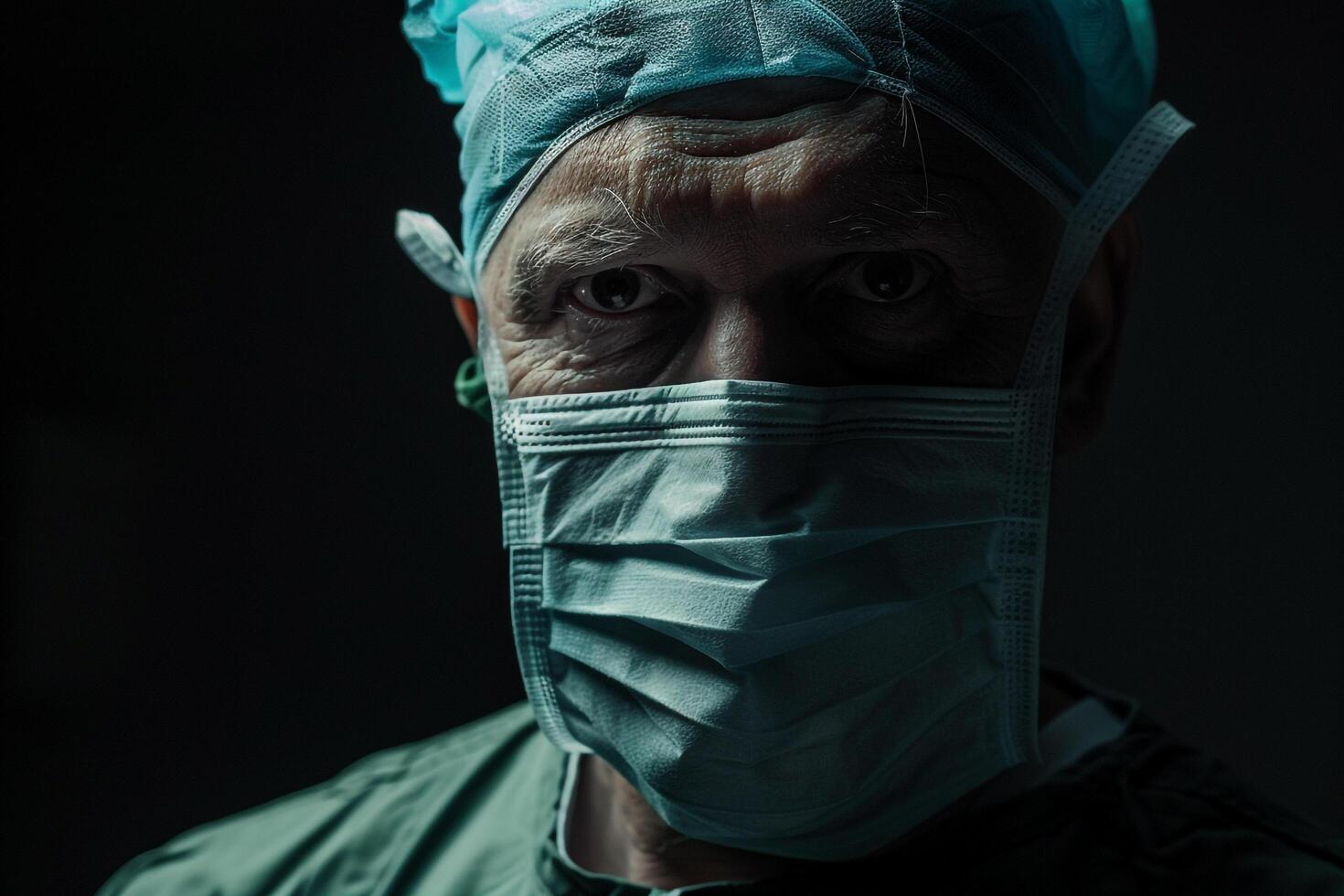 Male Surgeon in Scrubs and Mask with Medical Equipment in Operating Room photo