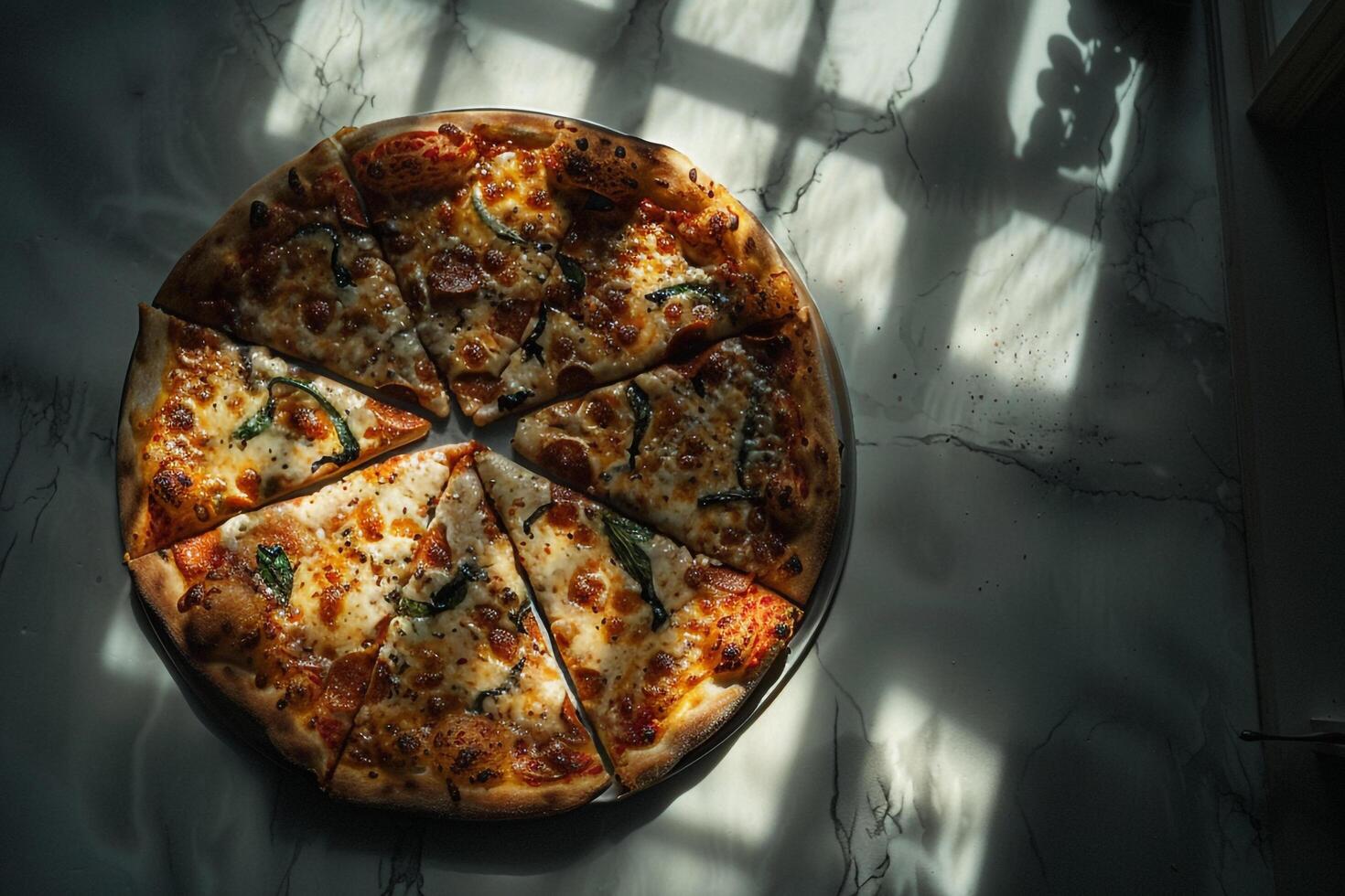 Overhead of a Pizza Food Background Featuring Savory and Artisan Toppings photo