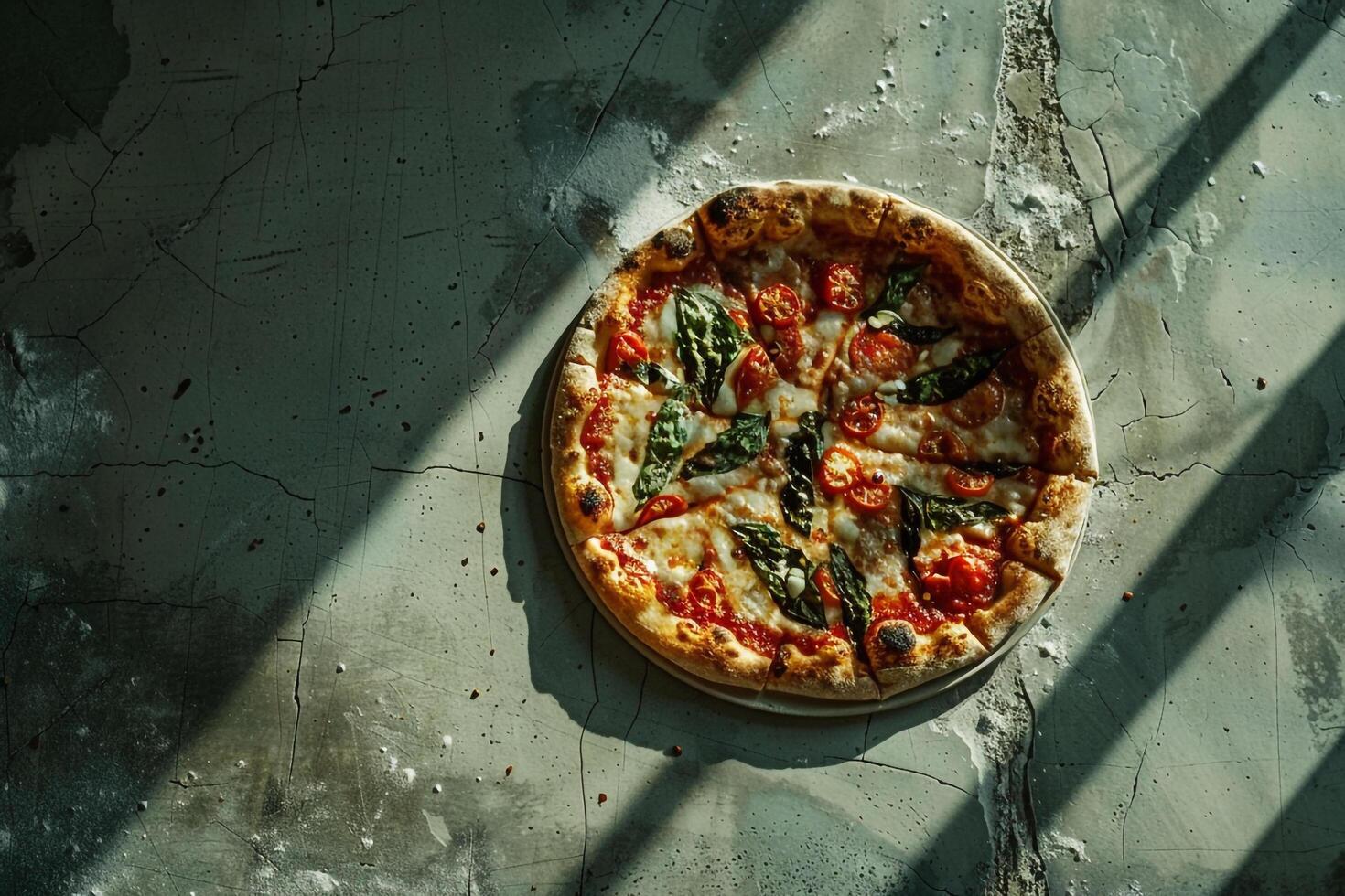 Overhead of a Pizza Food Background Featuring Artisan Toppings and Fresh Ingredients photo