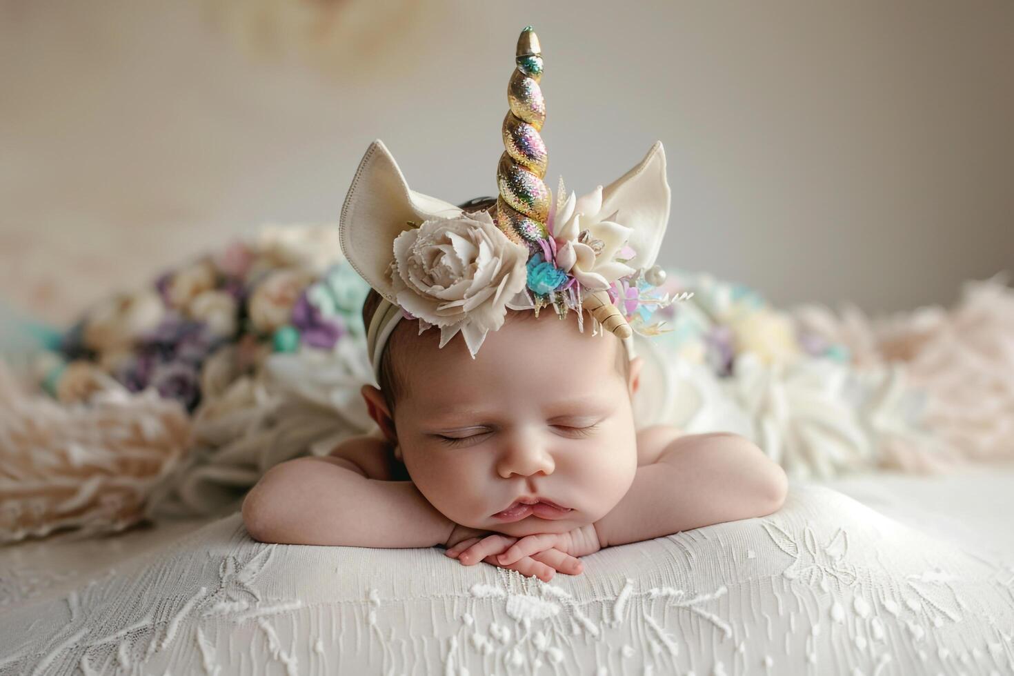 Little Baby with Unicorn Horn in Adorable Costume and Magical s photo