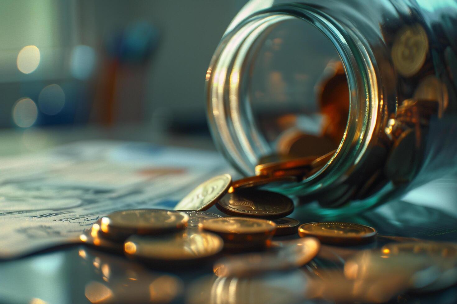 Coins flowing out of a glass jar with a financial report background showcasing savings and investment potential background photo