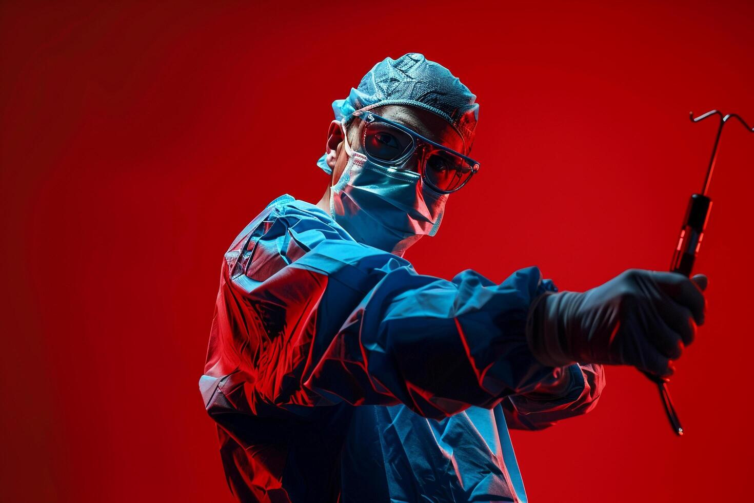 Surgeon in action pose performing complex medical procedures with precision and skill in clinical background photo