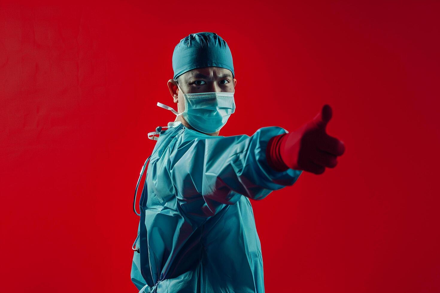 Surgeon in action pose ing on performing medical procedures with precision and expertise in a clinical photo