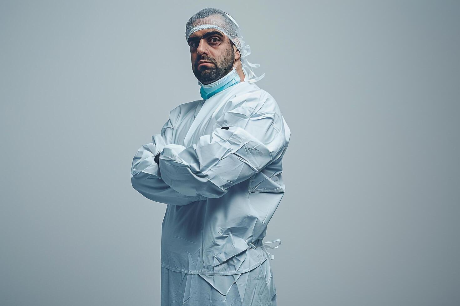 Surgeon in action pose demonstrating advanced surgical skills and precision during complex medical procedures photo