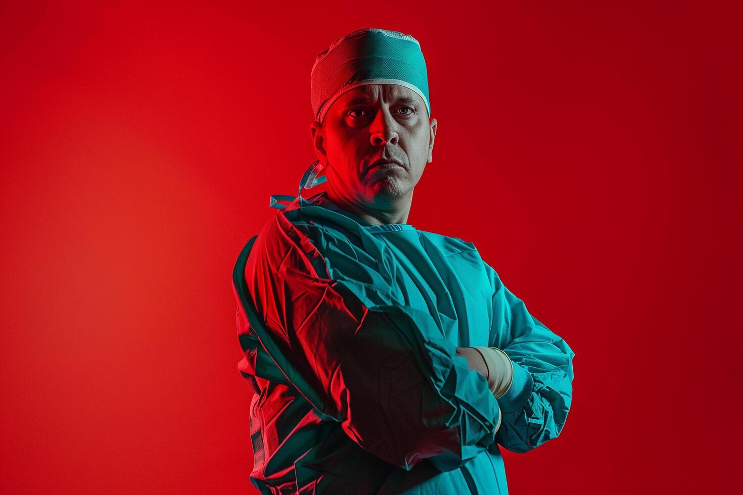 Surgeon in action pose demonstrating surgical skills and precision in a clinical  with a  on expertise photo