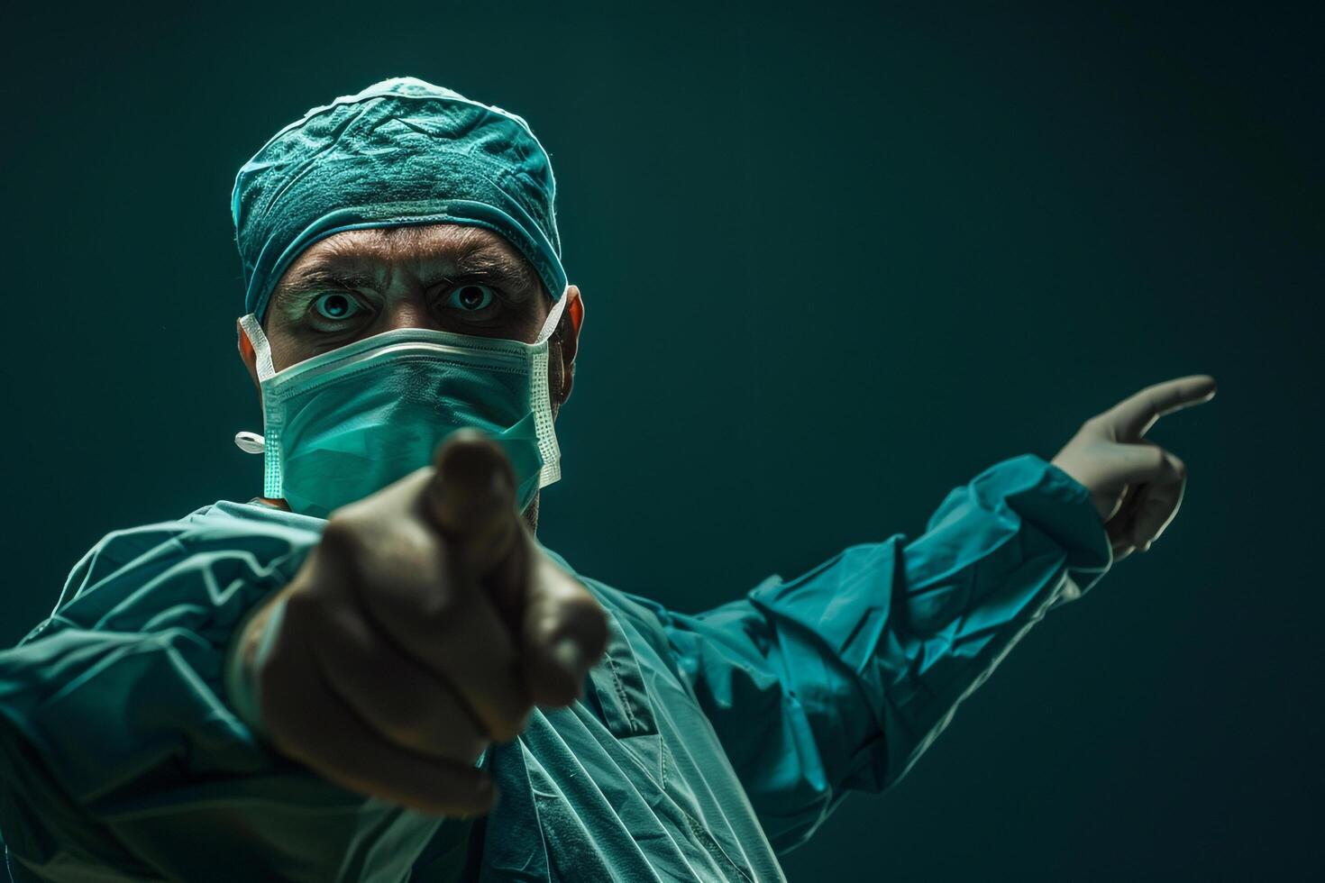 Surgeon in scrubs and mask in an active pose showcasing surgical skills and readiness for complex procedures photo