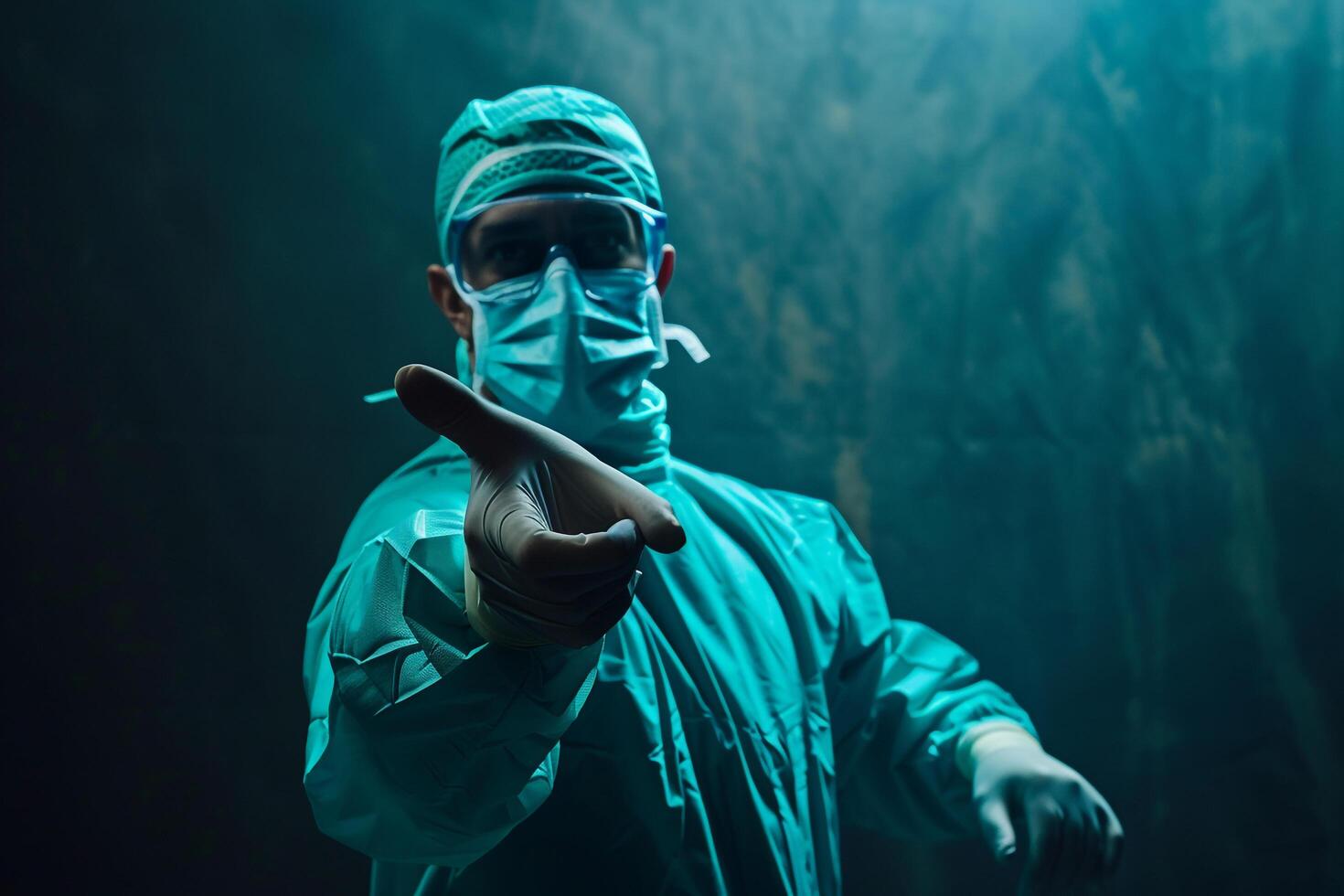 Surgeon in scrubs and mask ready for surgery highlighting medical preparedness and clinical environment photo