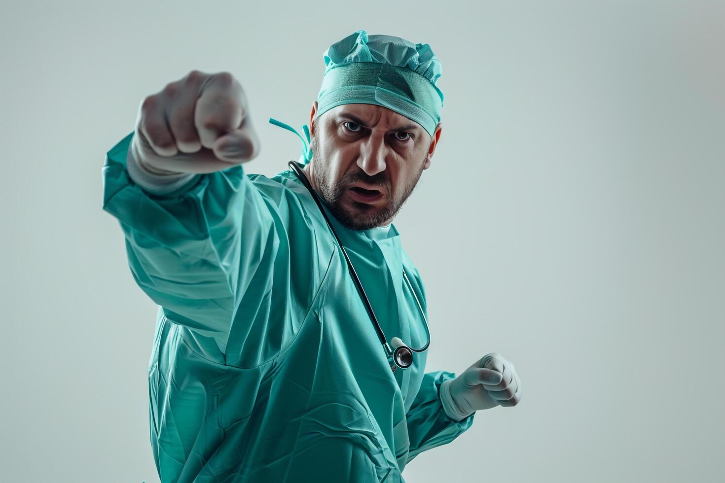 Surgeon in Action Pose Operating Room photo