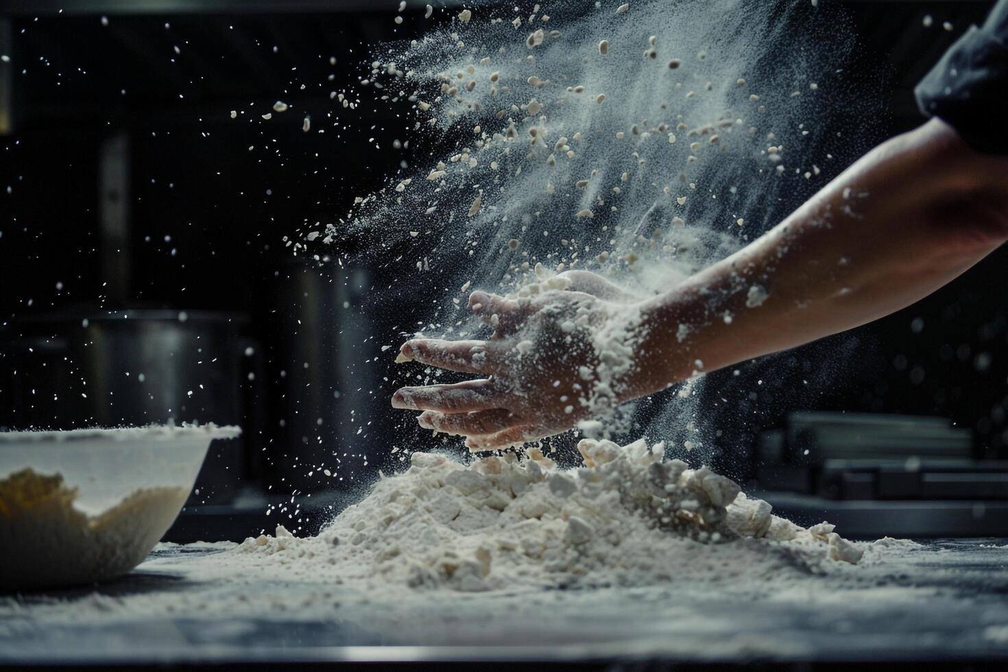 Tossing Pizza Dough with Flour in Mid Air photo