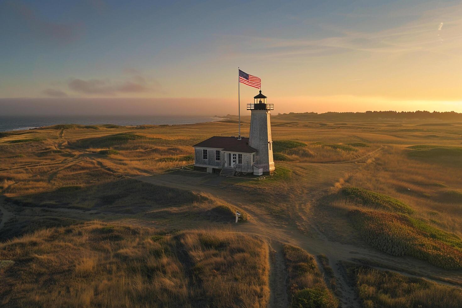 American flag waving proudly atop a lighthouse in a scenic maritime photo