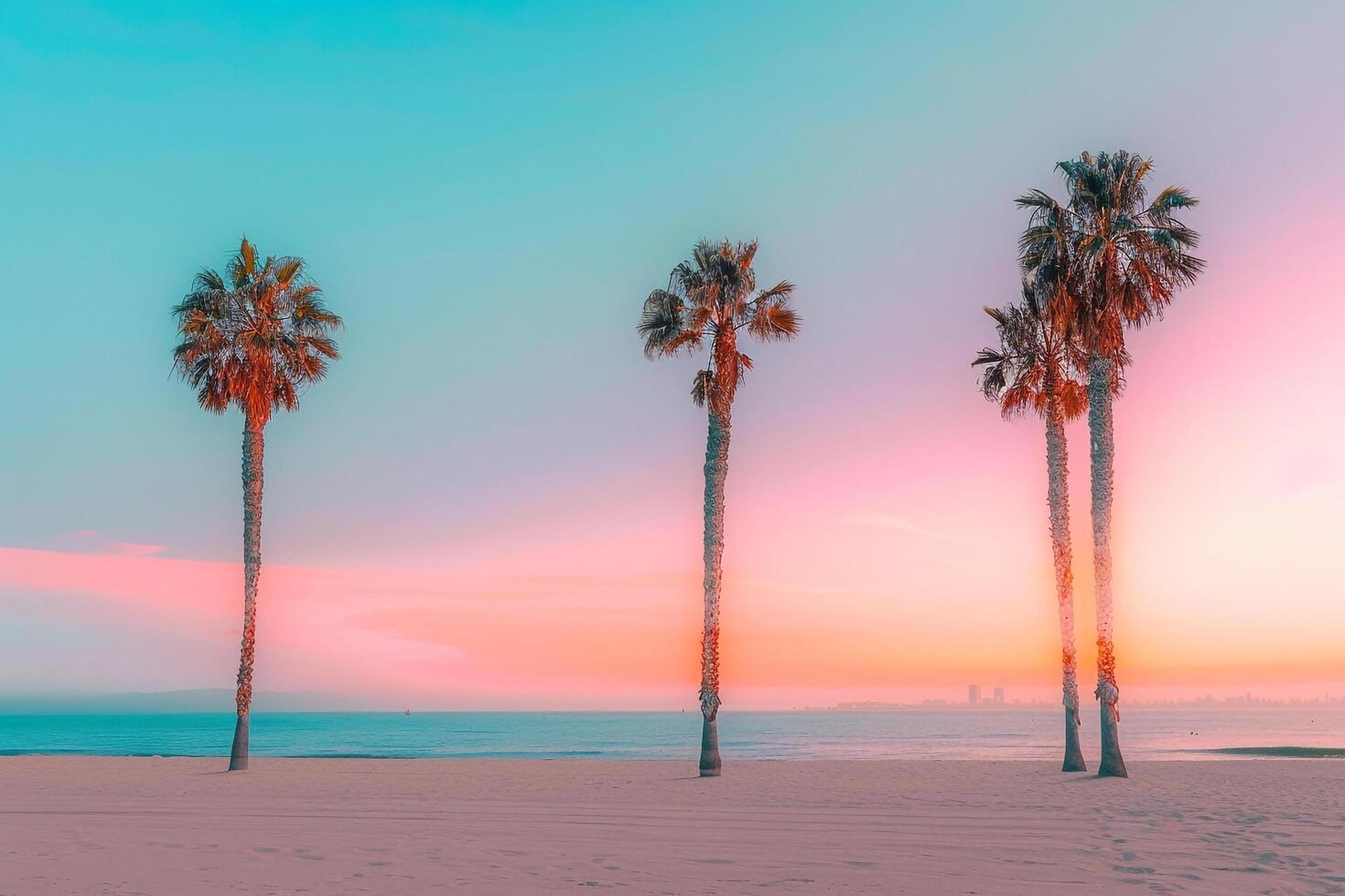 Sandy Beach with Palm Trees Against Sunset Sky Background photo