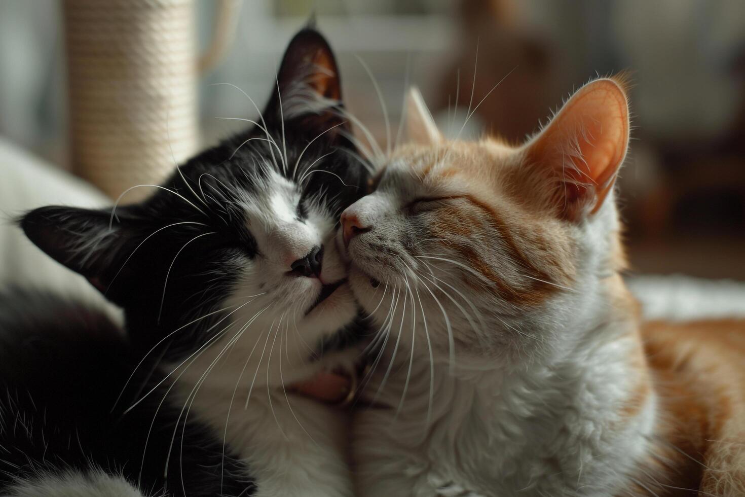 Two cats grooming each other tenderly showing affection and care photo
