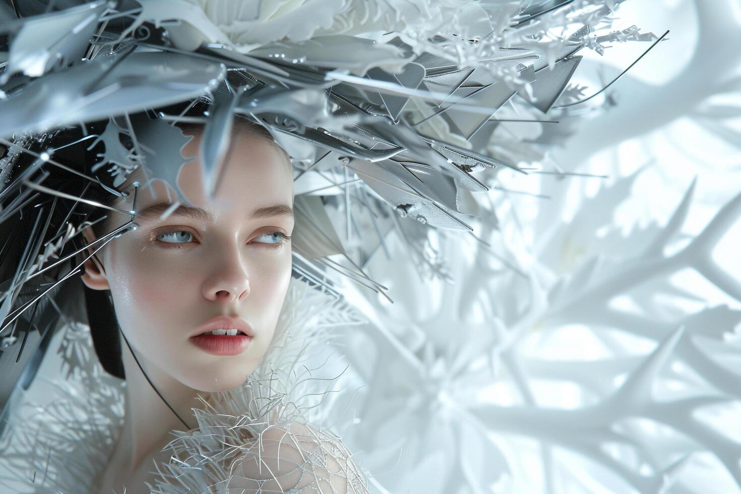 Model in Futuristic Fashion with a metallic  background and  innovative design photo