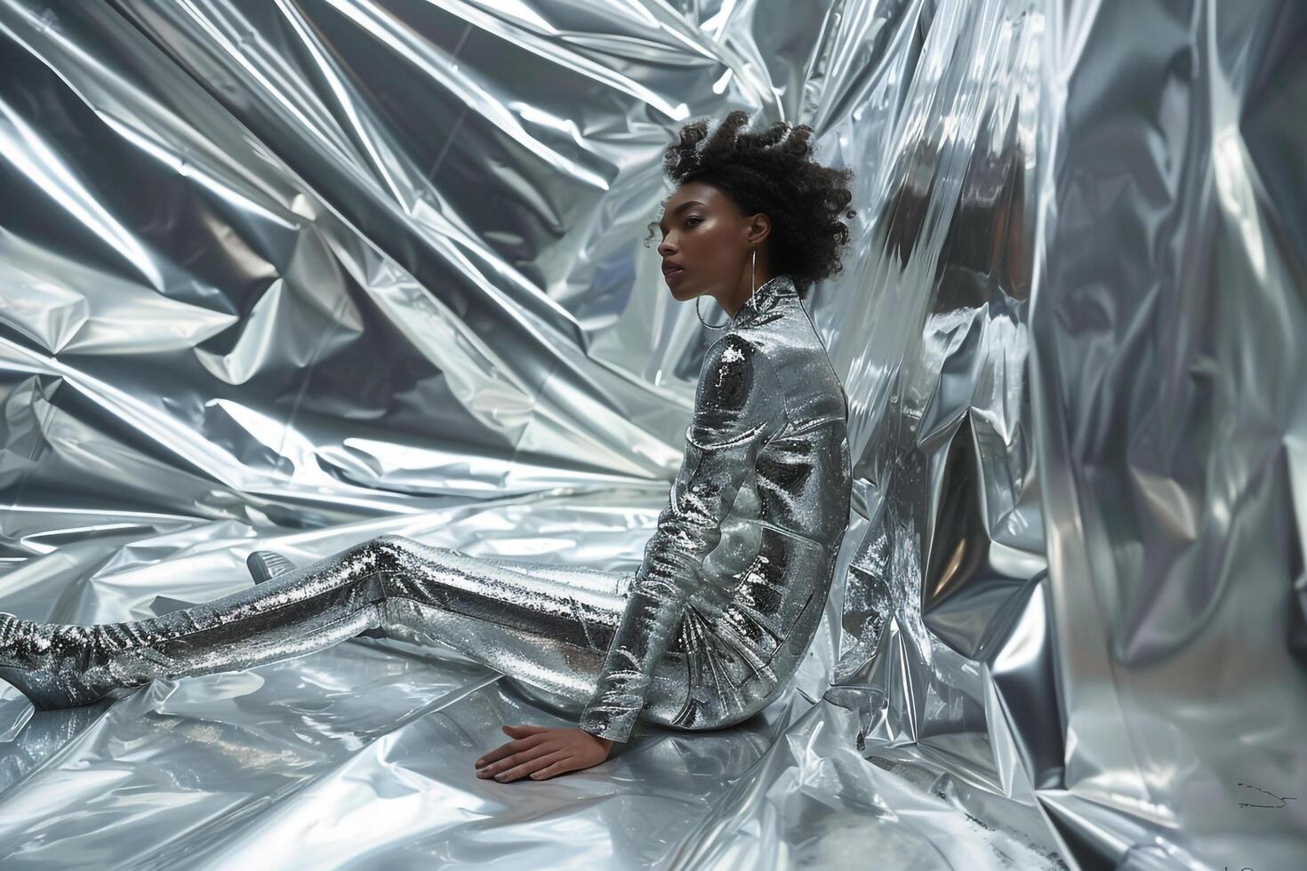 Model in Futuristic Fashion with a shiny  background and a  outfit photo