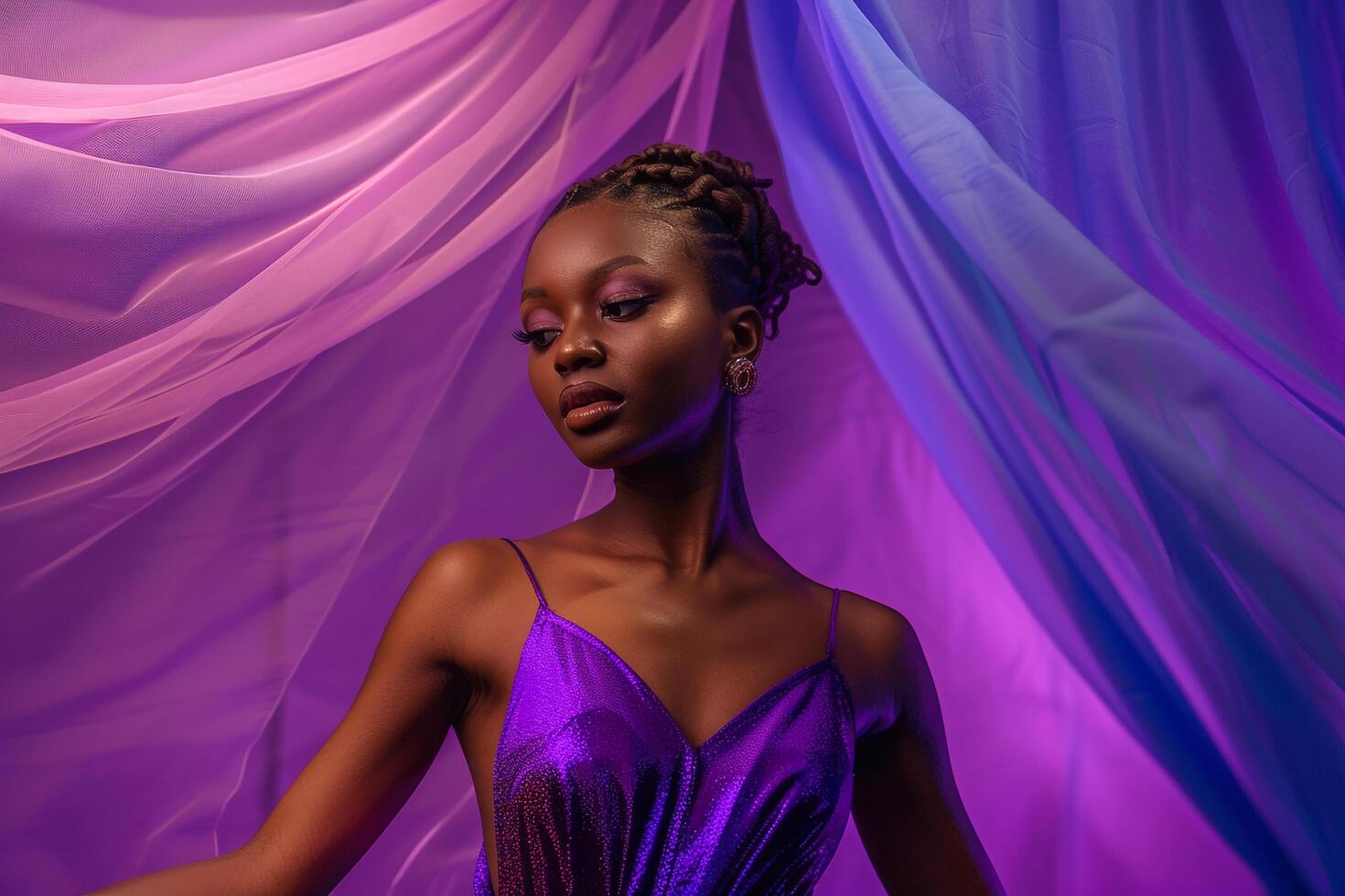 Model in Evening Gown with a sophisticated and graceful design set against an  background photo
