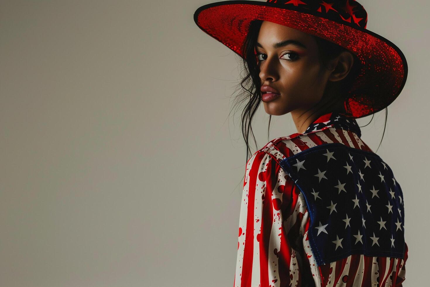 Fashion model showcasing an outfit inspired by the American flagwith a b and  design photo