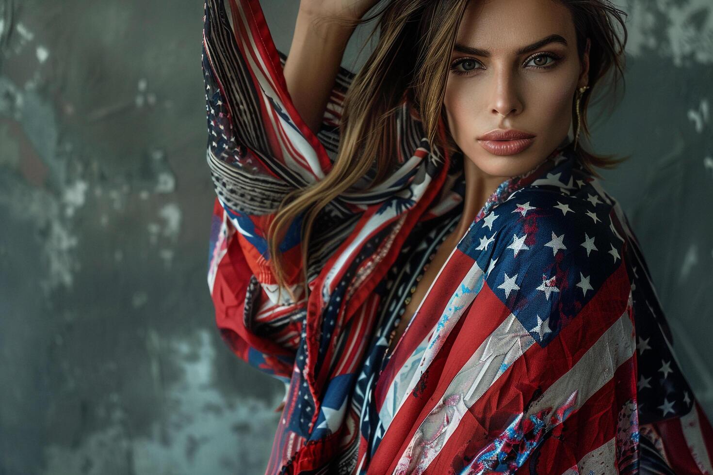 Model Showcasing American Flag Outfit Trendy and Iconic Background photo