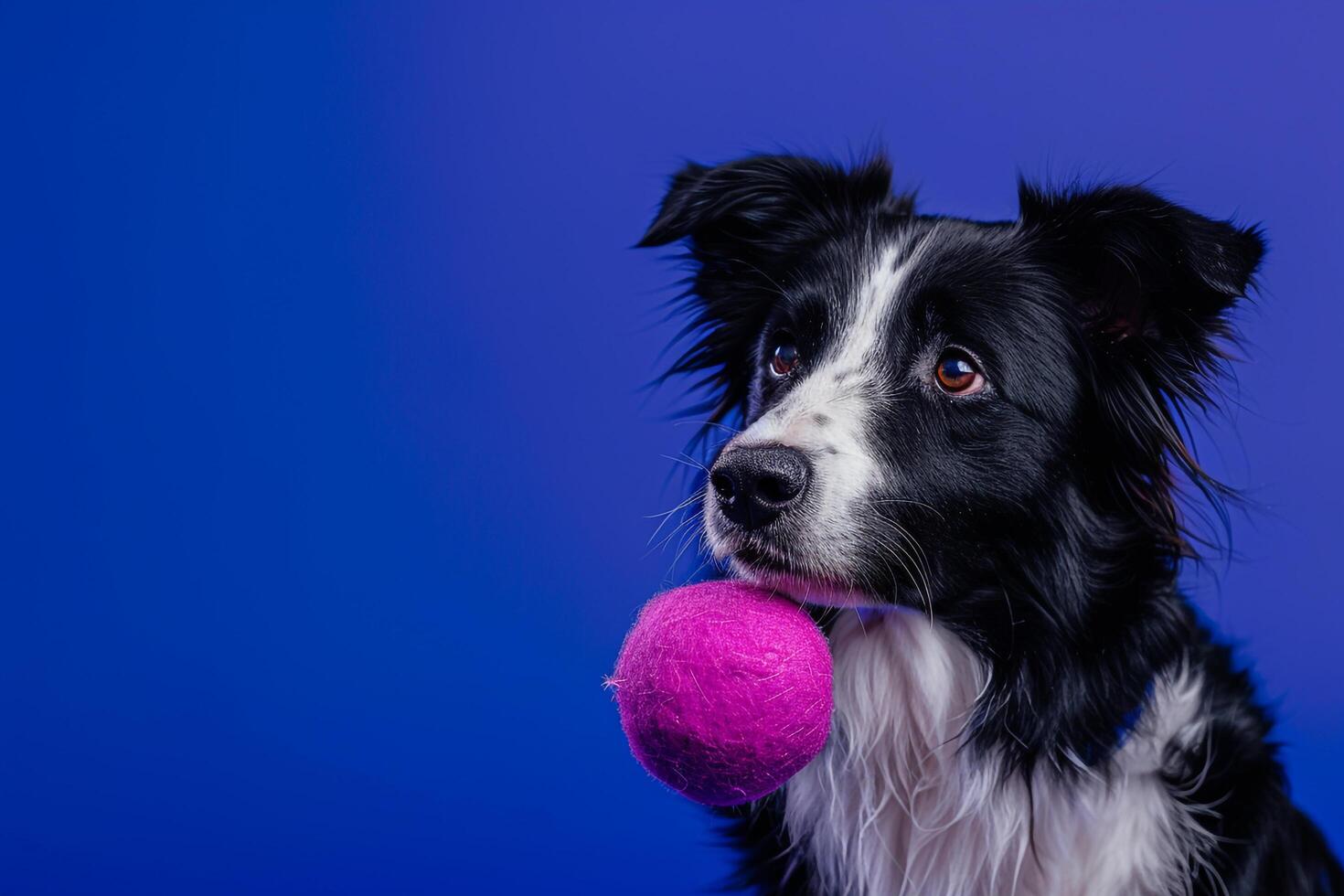 Dog with a toy on cobalt blue background ful and playful photo