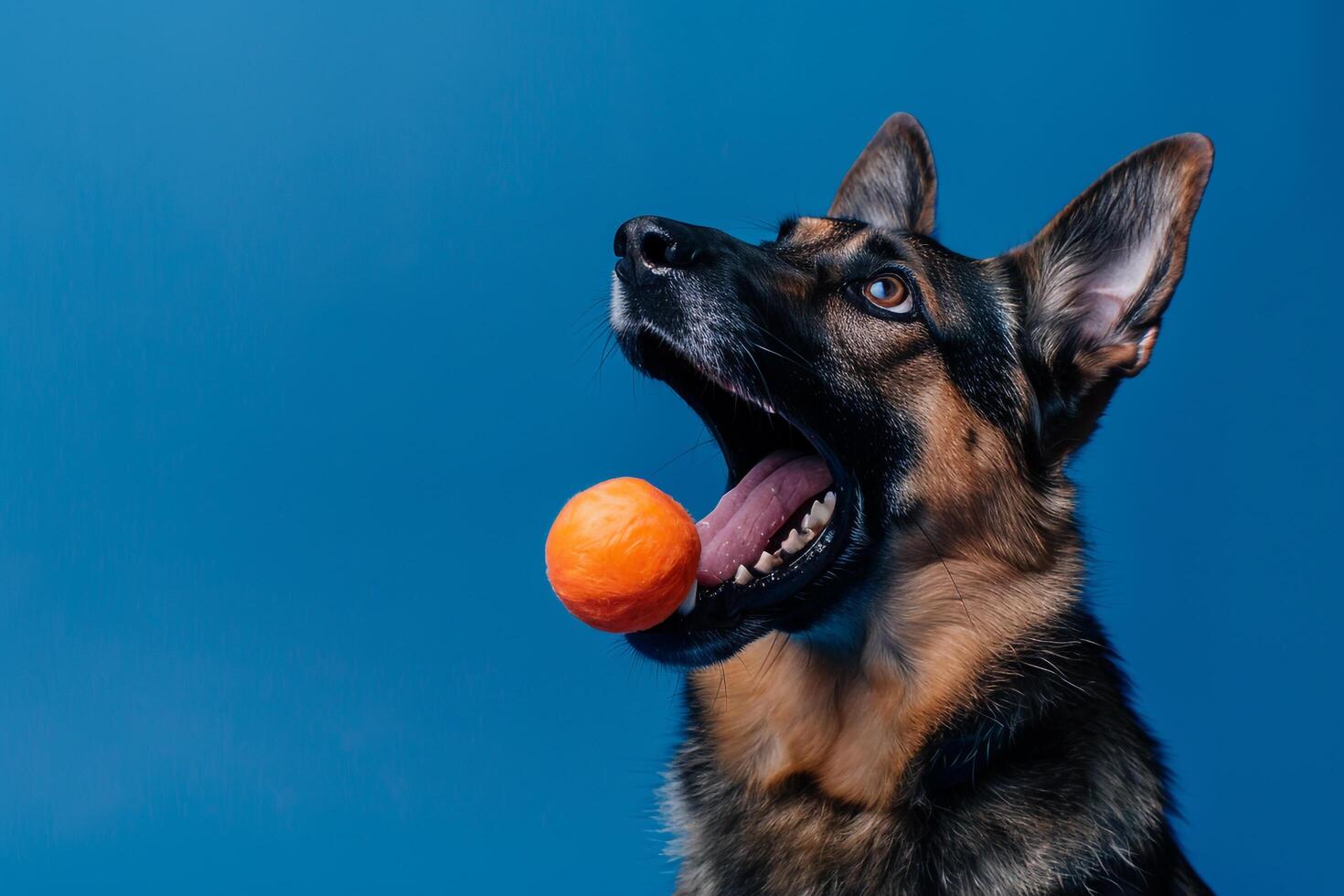 Dog with a toy on a cobalt blue background  and energetic photo