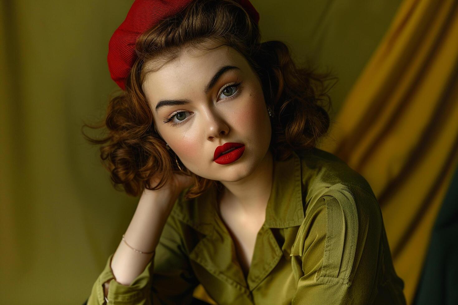 Retro Olive Green Fashion Model  Background photo
