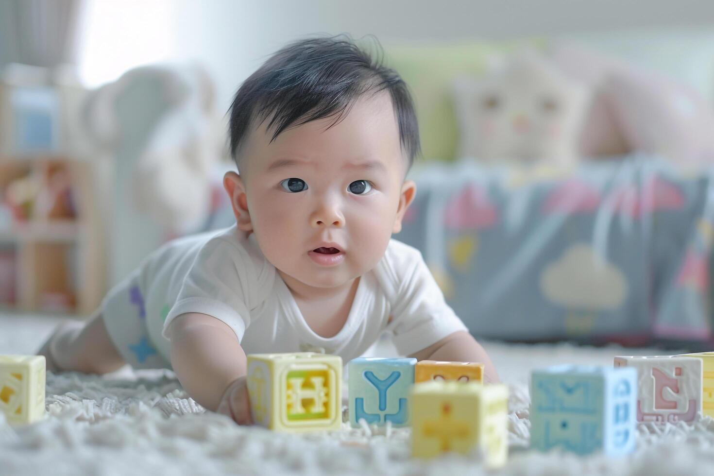Baby Playing with Alphabet Blocks  and Engaging Background photo