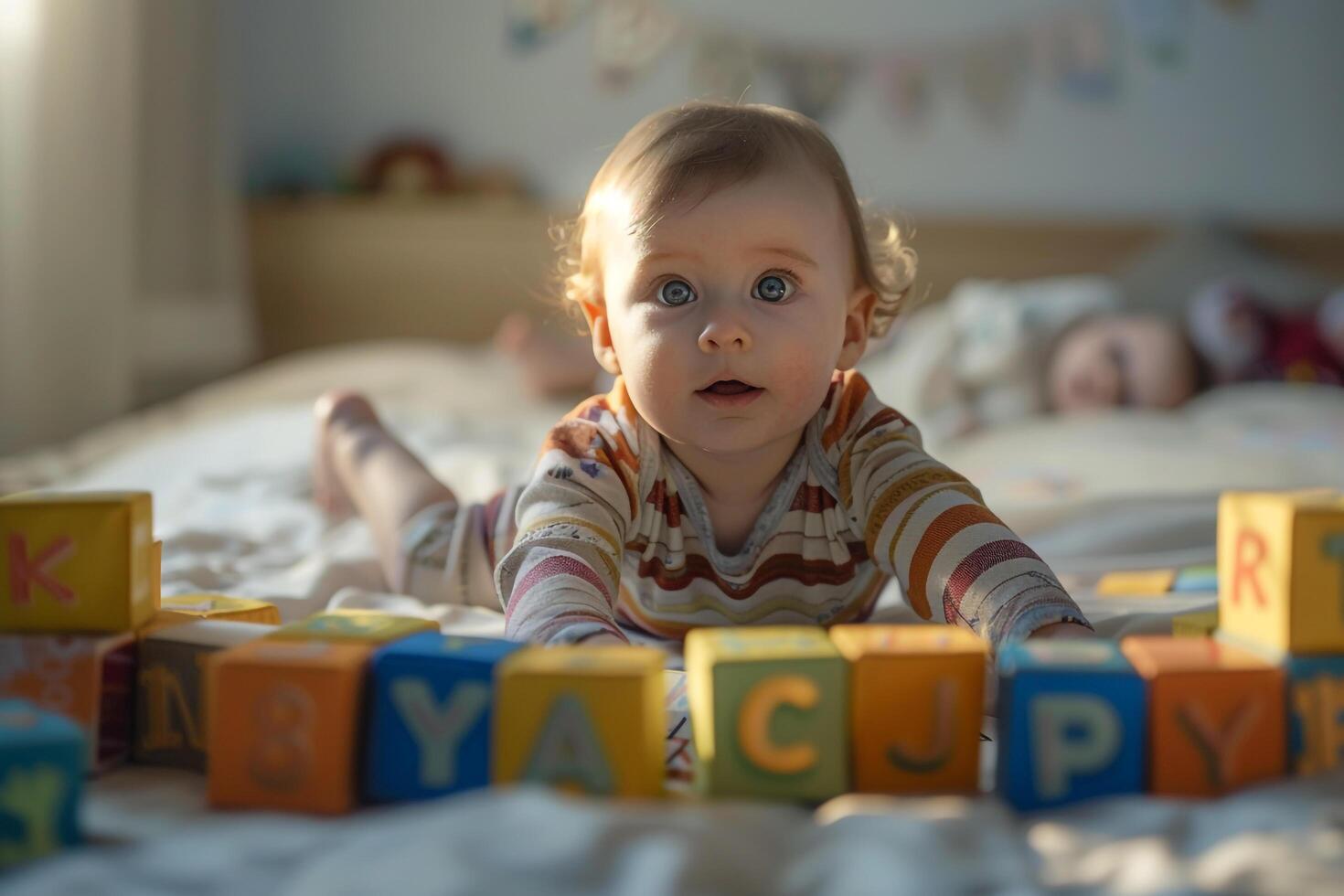 Baby Exploring Alphabet Blocks Engaging and Educational Background photo