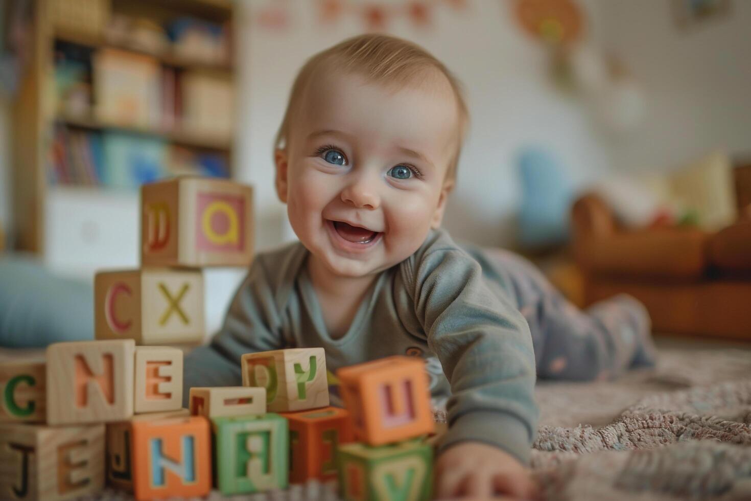 Baby Exploring Alphabet Blocks Fun and Interactive Background photo
