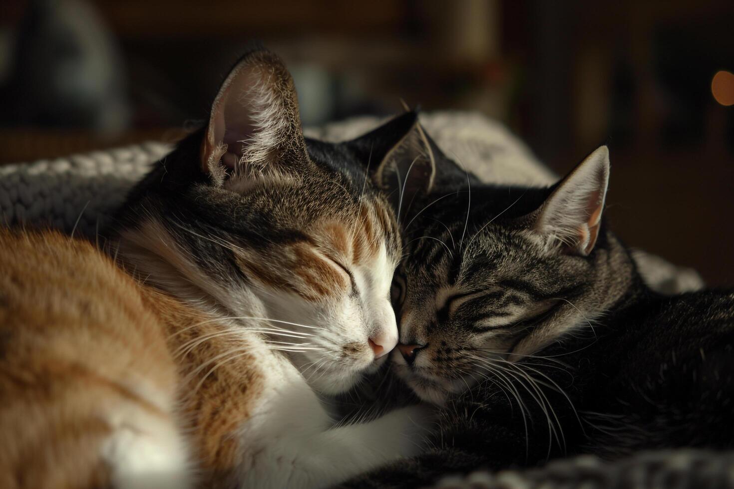 Two cats grooming each other affectionately showing companionship on a  cozy background photo