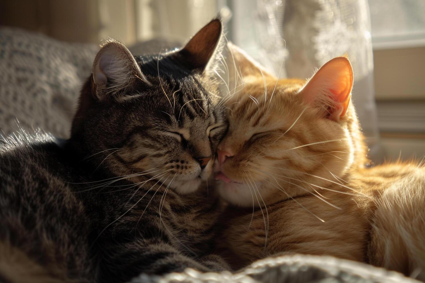 Two cats grooming each other affectionately showing companionship on a  cozy background photo