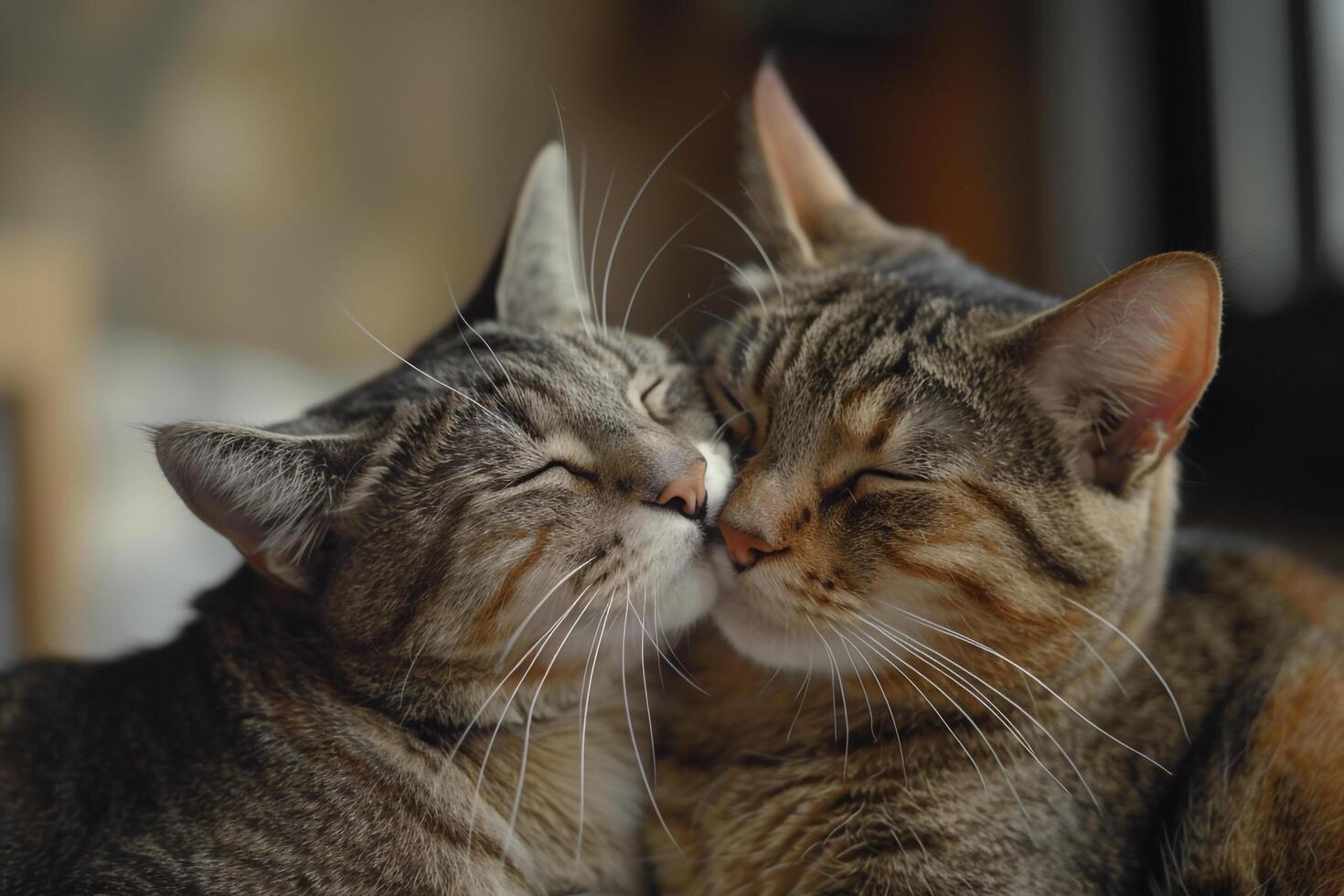 Two cats grooming each other affectionately showing companionship on a  cozy background photo