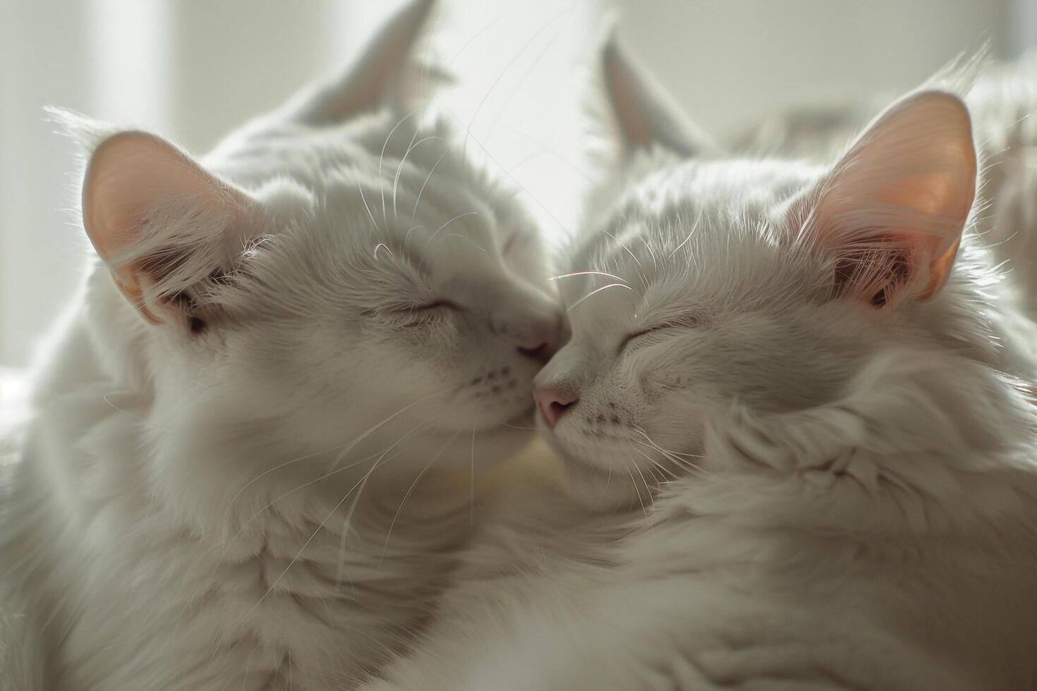 Two white cats grooming each other affectionately demonstrating companionship on a  cozy background photo