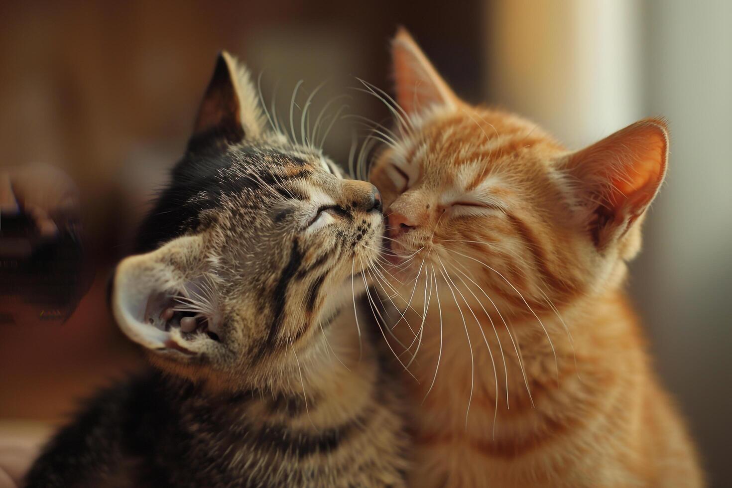 Two cats grooming each other affectionately showing companionship on a  cozy background photo