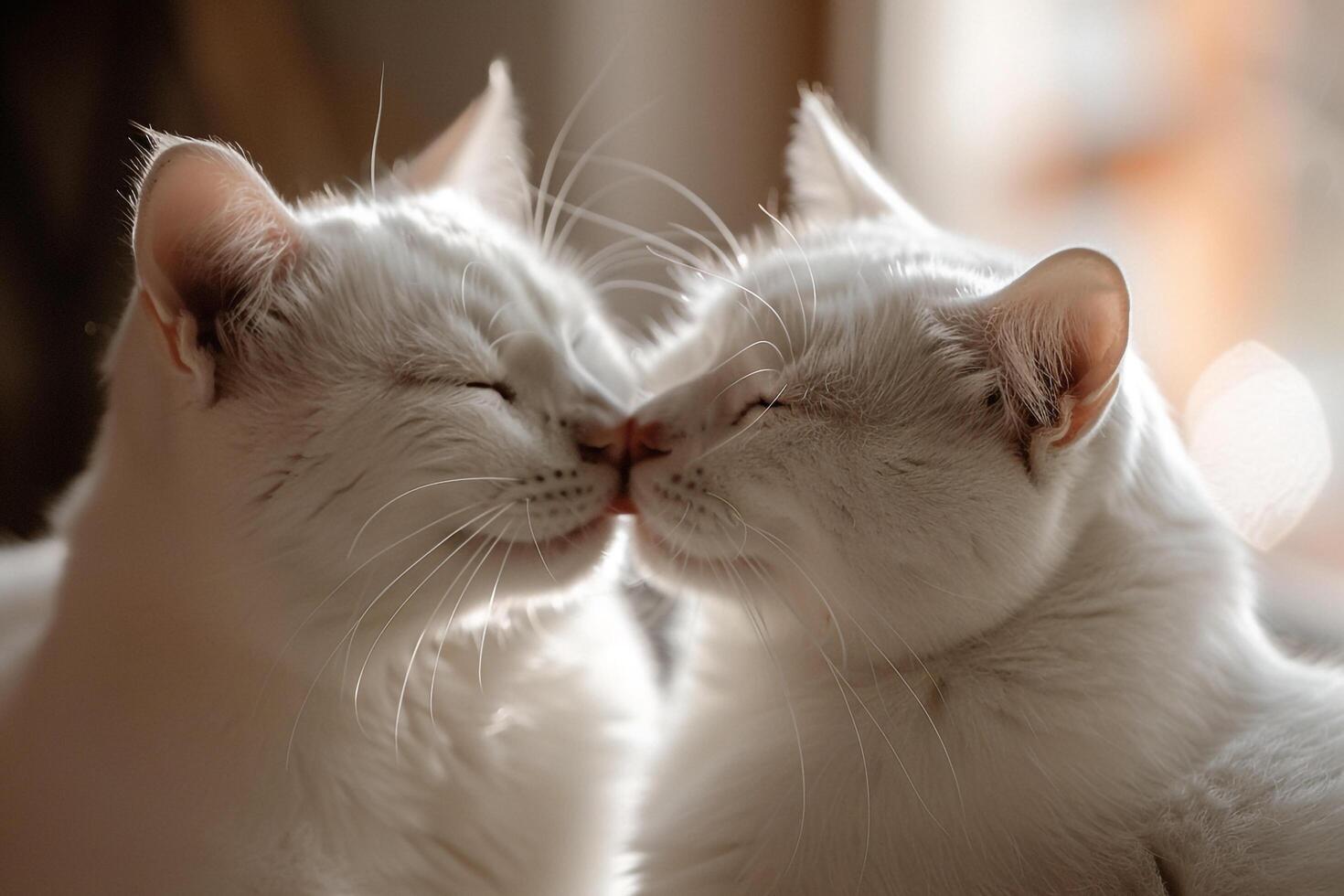 Two white cats grooming each other affectionately demonstrating companionship on a  cozy background photo