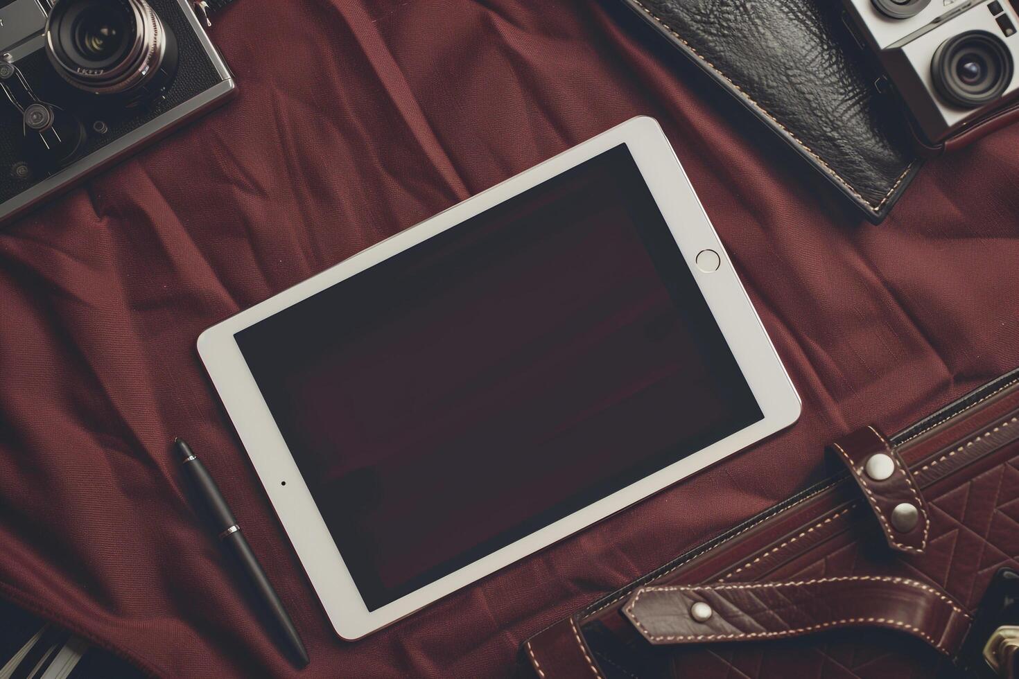 Tablet Mockup with Leather Notebook for  Design Background photo