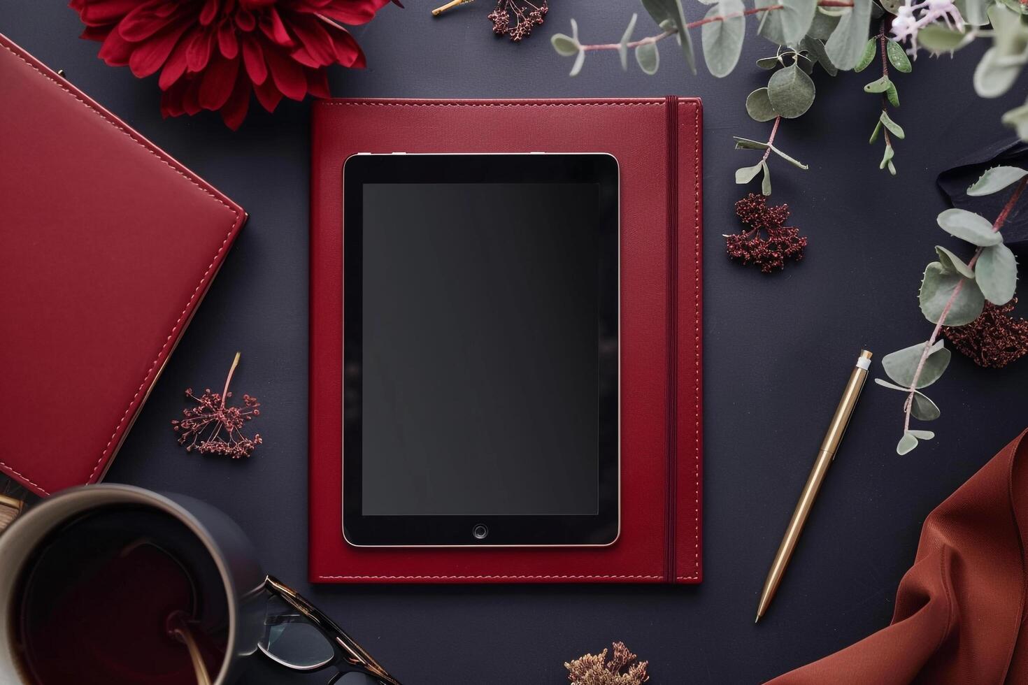 Tablet Mockup with Leather Notebook for  Displays Background photo