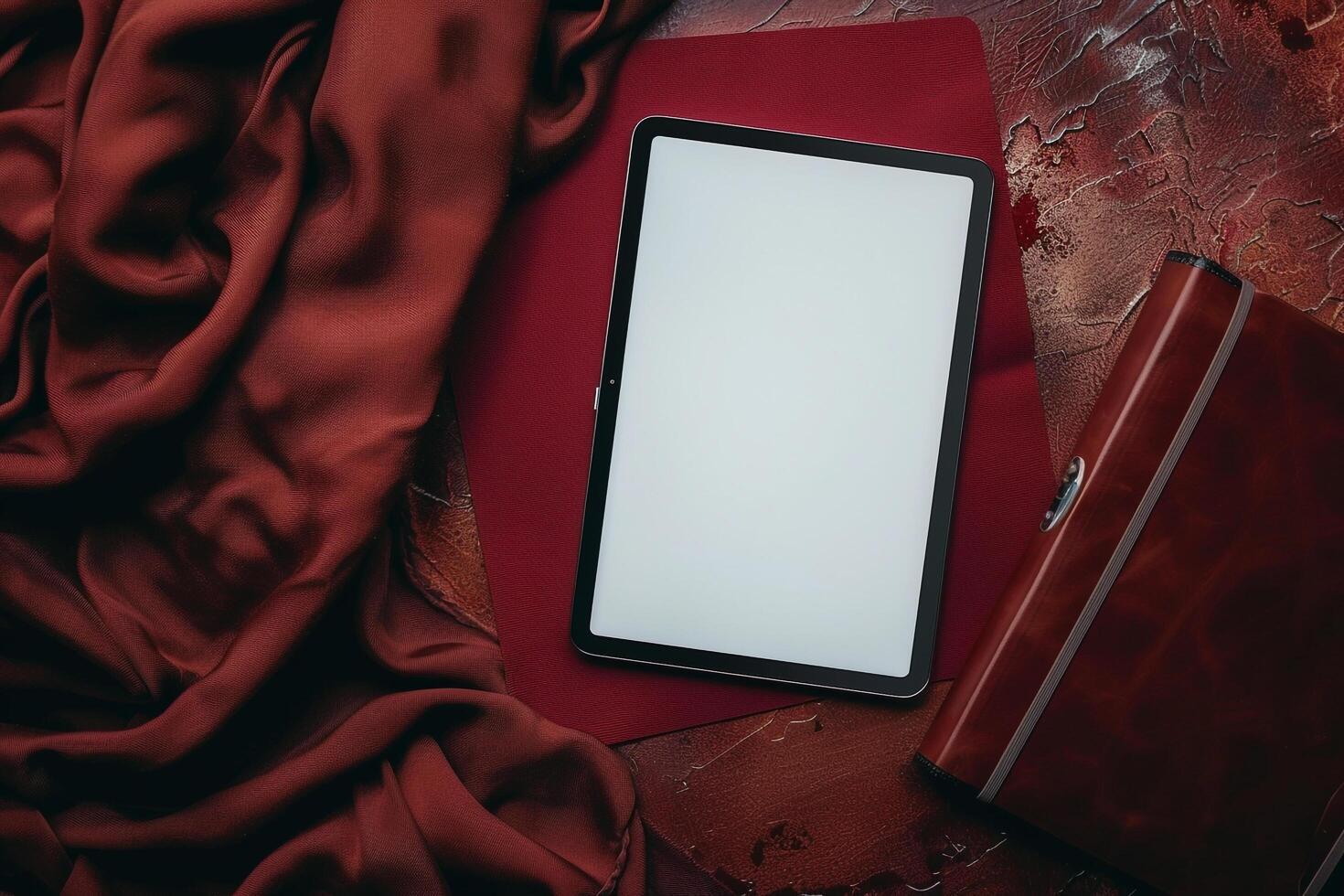 Tablet Screen Mockup with Leather Notebook for Digital Content Background photo