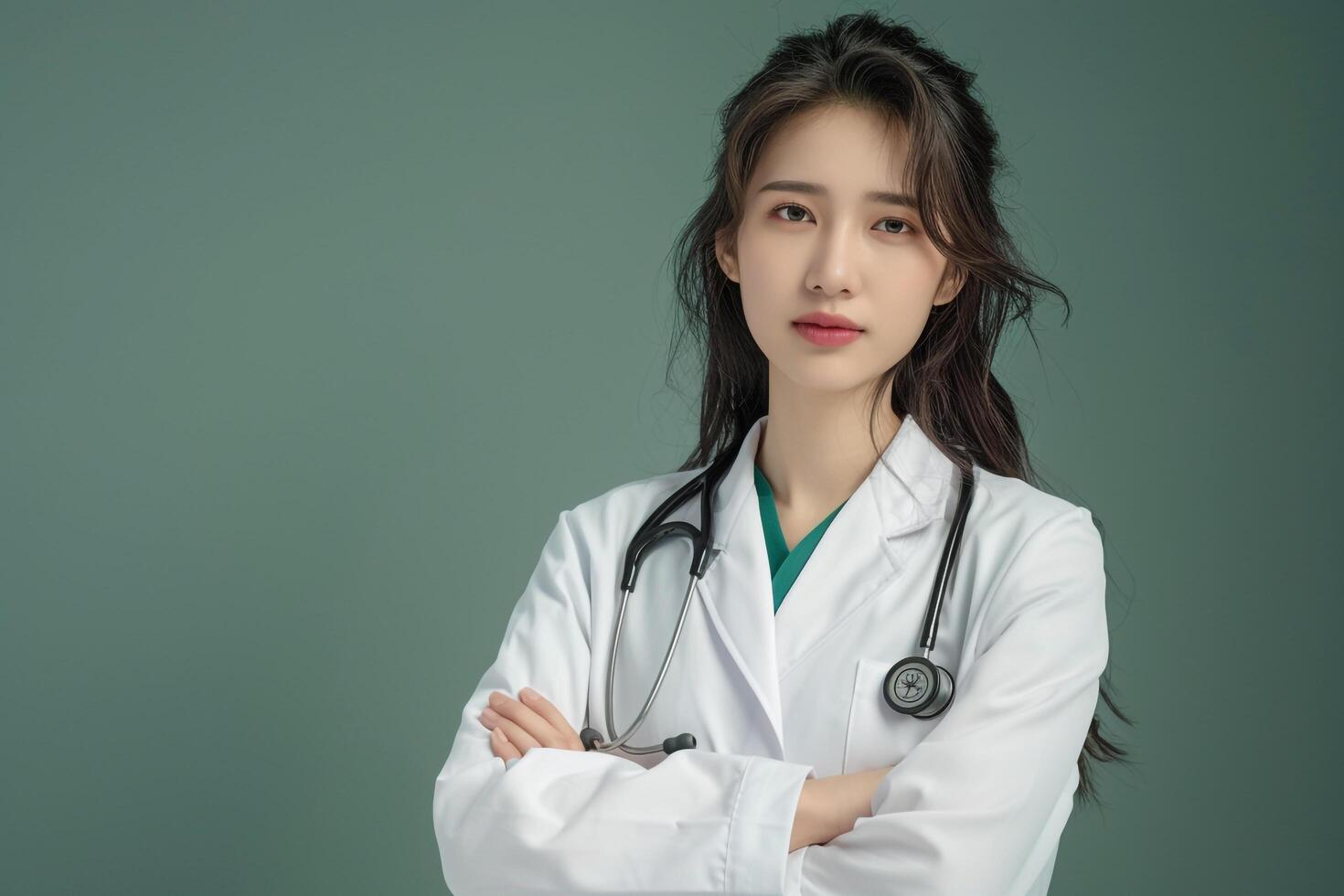 Female Doctor in Pose with HighEnd Healthcare Office and photo
